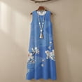 thumbnail image 4 of Xoenoiee Blue Cherry Blossom Print Women's 2026 Summer Flowy Maxi Dresses with Pockets, Cotton Linen Casual Sleeveless Ruffle Beach Long Bohemian Dress Crewneck Pleated Sundresses, Size M, 4 of 7