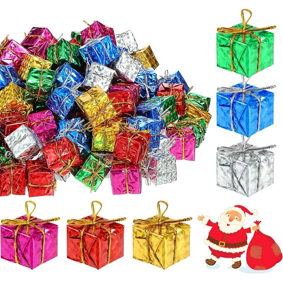 Gift Box Christmas Ornaments 24 Pieces Mini Wrapped Present Boxes Miniature Foil Ornaments Decoration Boxes,Christmas Decorations,Christmas Shiny Mini Boxes Ornaments 1.2 Inches