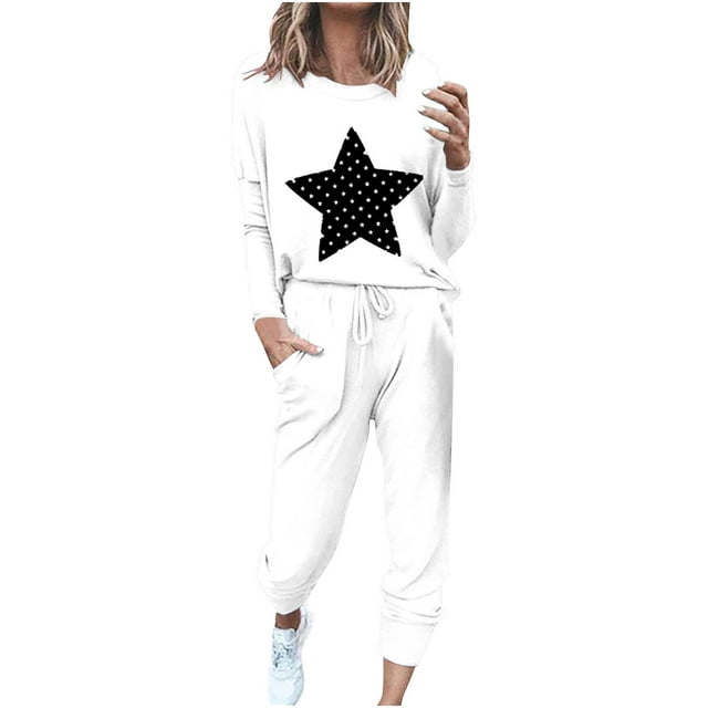 Pisexur Ensembles Deux Pièces pour Femmes Automne Tendance Imprimé Étoile Chandails en Molleton Col Rond Pantalons Jogger Survêtements Femmes Tenue Décontractée Surdimensionnée Tenues de Voyage Vacances pour Femmes