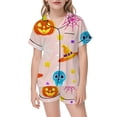 thumbnail image 4 of Child Girl Pajamas Cartoon Halloween Pumpkin & Star Pattern Short Sleeve Notched Collar Button Down Relaxed Fit 2Pc Summer Autumn Pajama Parties Casual Nightwear,Pink,11-12 Years, 4 of 5