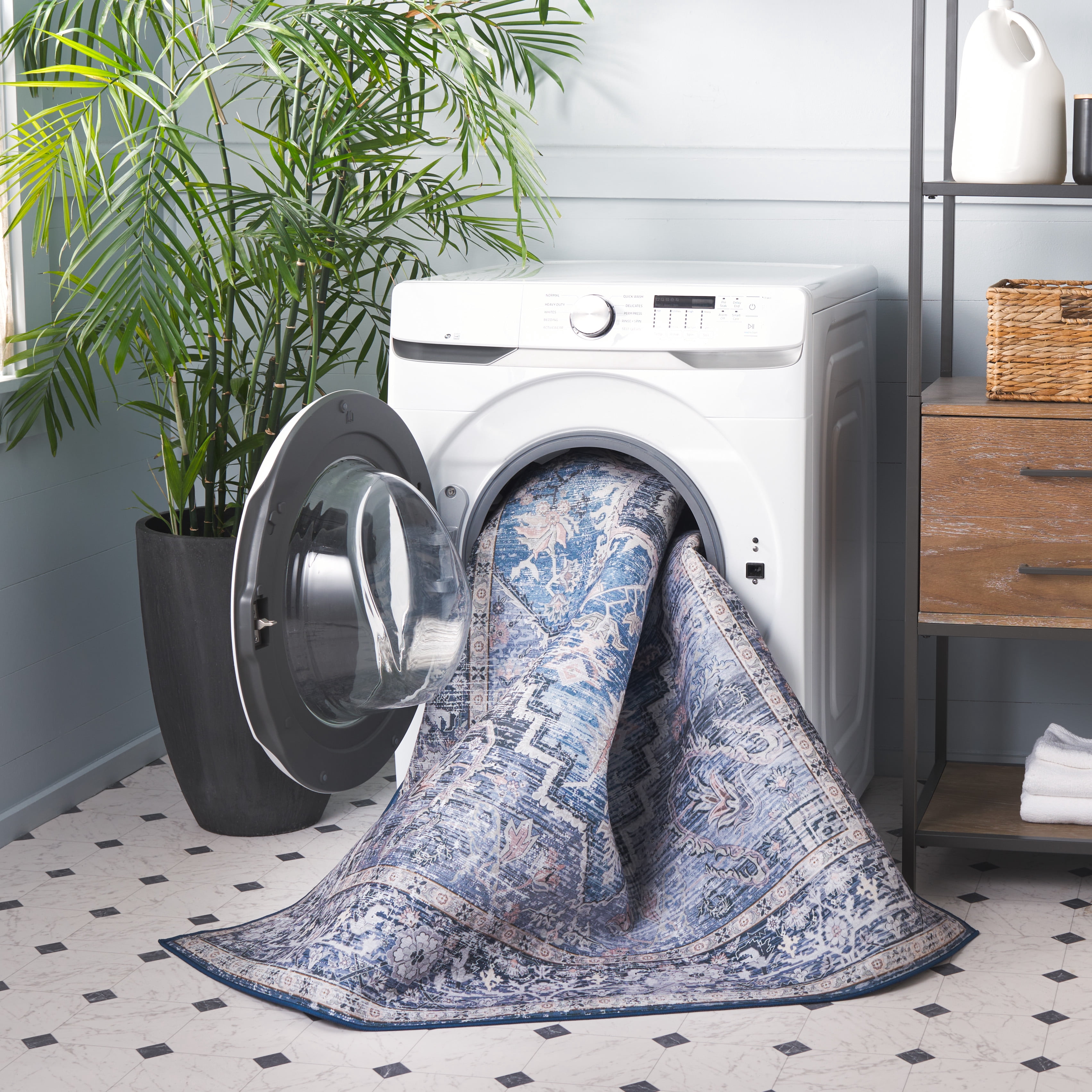 SAFAVIEH Tucson Beulah Traditional Machine Washable Area Rug, 9' x 12', Blue/Charcoal