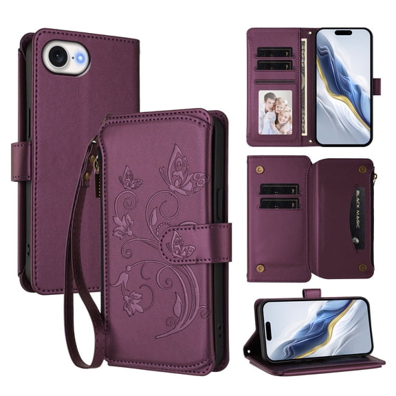 Dteck Wallet Crossbody Strap Case for iPhone 16e,Magnetic Leather TPU Card Slots Zipper Wallet Case Shockproof Kickstand Cover with Detachable Wrist Strap / Shoulder Strap,Darkpurple