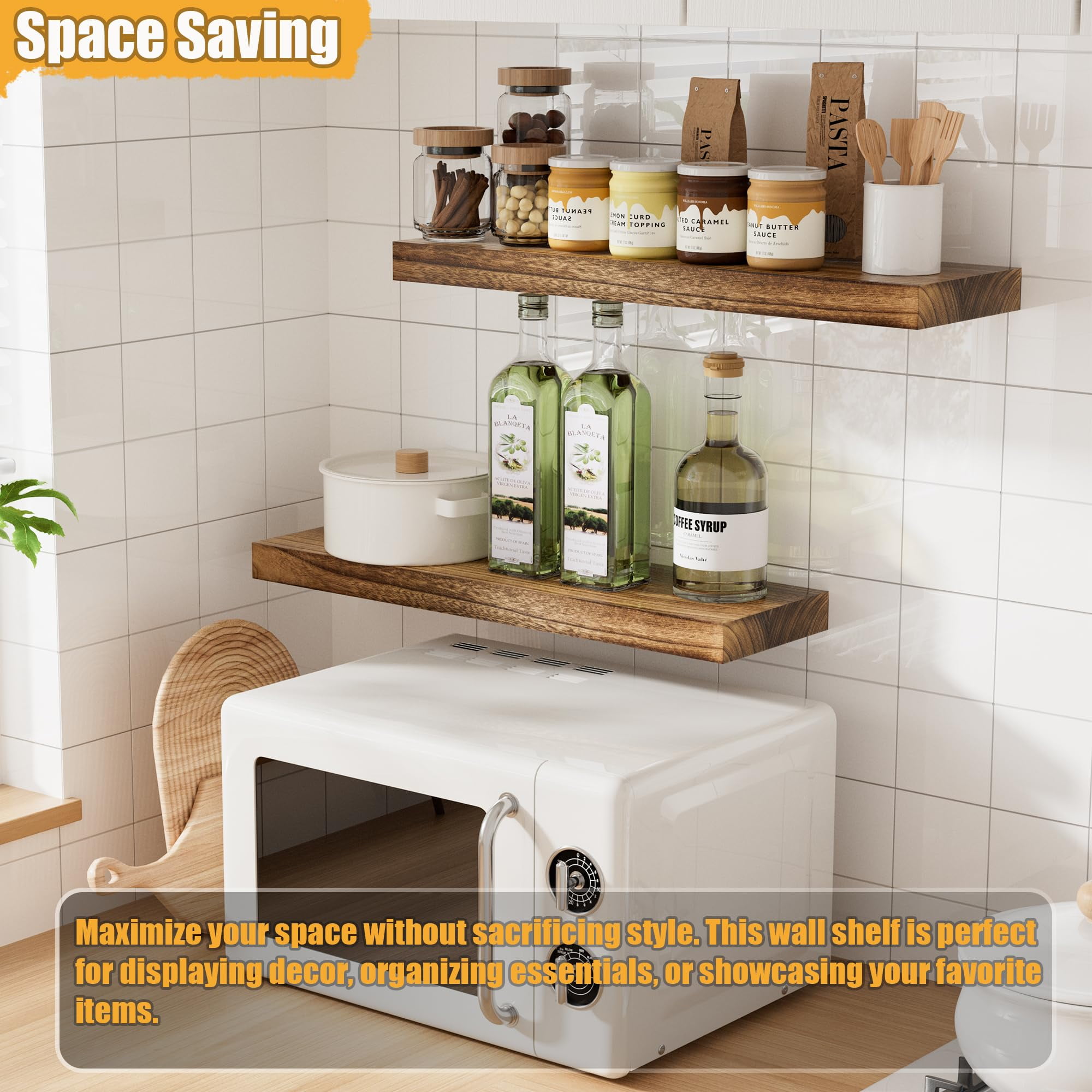 Floating Shelves for Wall Set of 2-Rustic Brown Solid Wood Wall Mounted Shelves,24" Long x 7" Deep x 1.6" Thick,Heavy Duty Shelving for Bedroom, Living Room, Kitchen, Bathroom (16inch)