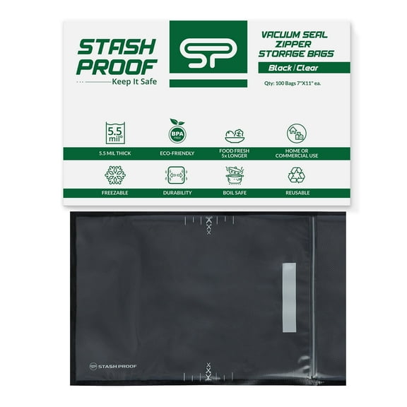 Stash Proof 7" x 11" Vacuum Seal Zipper Storage Poly Bags (Black and Clear) (100 Count) 5.5 Mil Durable - BPA Free Commercial Food Grade Resealable Reclosable Zip Coins, Jewelry, Snacks, Seeds, Herbs