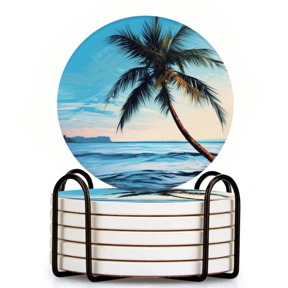 Isolated Palm Tree On The Beach Set of 6 Ceramic Coasters with Holder, Absorbent Drink Bar Coasters, Table Coasters for Living Room Decor Tabletop Protection