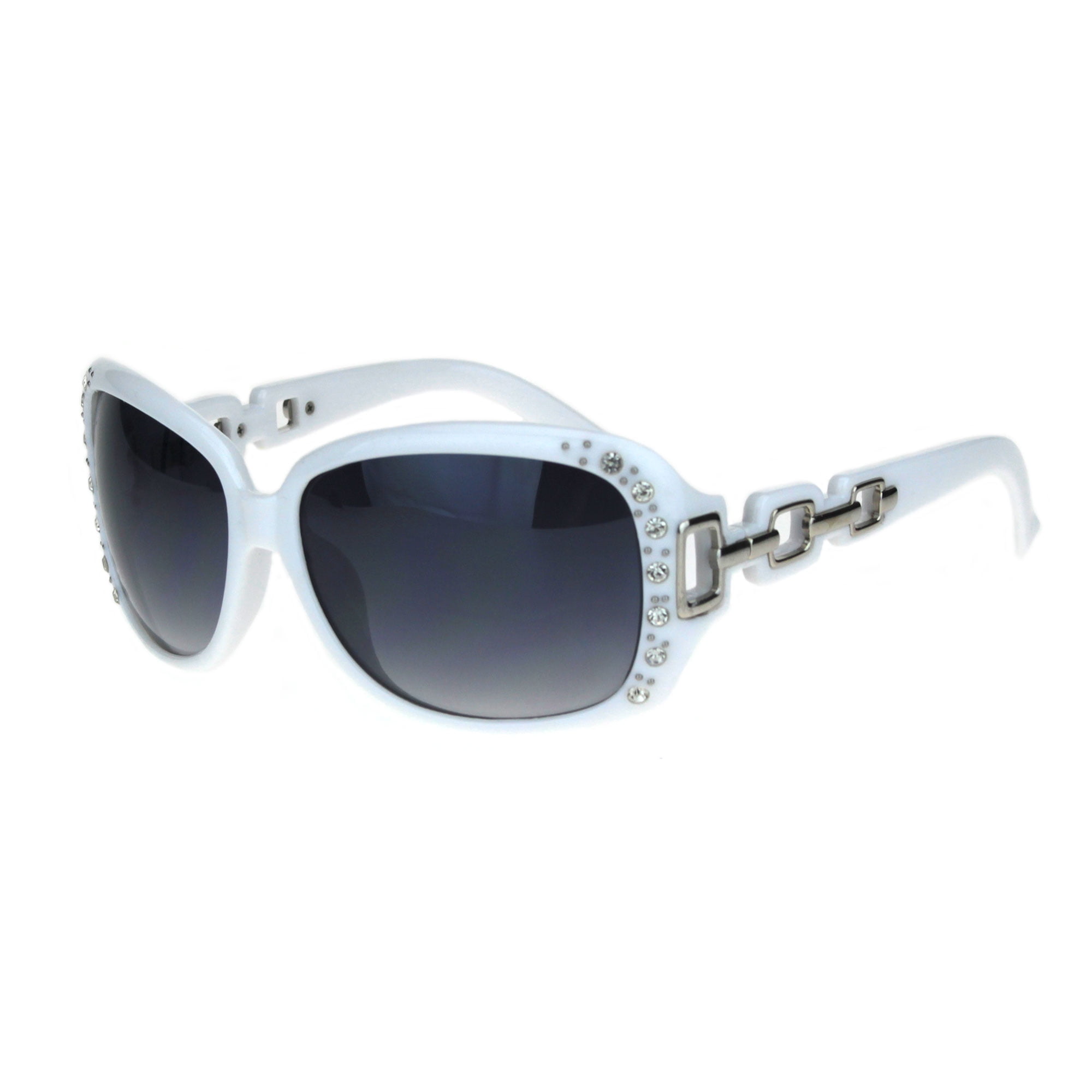 Womens Oversized Rectangular Rhinestone Encrusted Chain Arm Fashion Sunglasses White Smoke