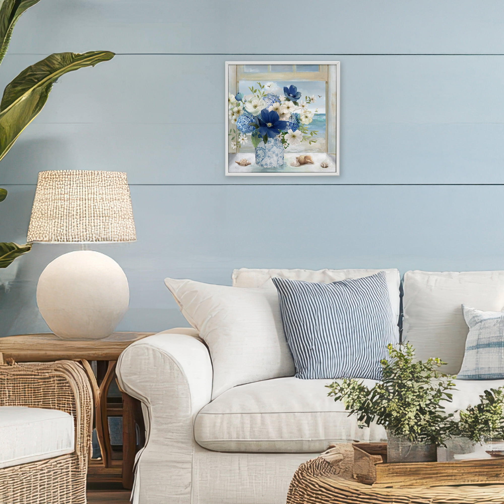 Stupell Industries Seaside Blue & White Arrangement White Framed Giclee Art, design by Nan