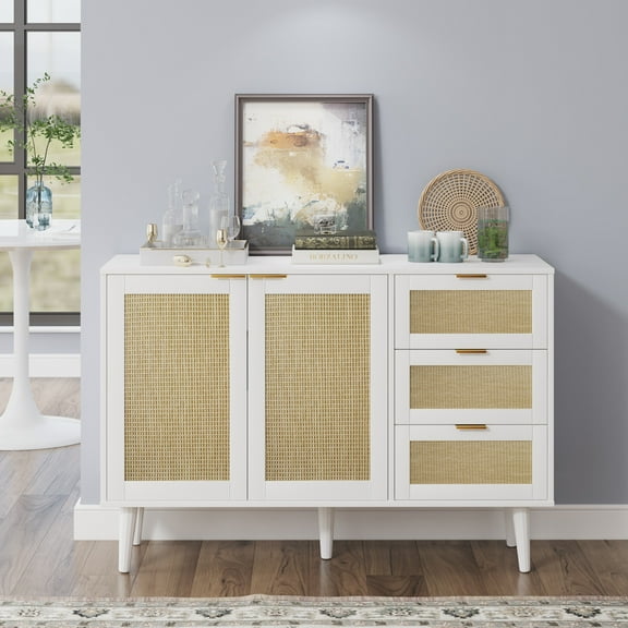 Buffet Sideboard,Kitchen Storage Cabinet with 2 Rattan Doors & 3 drawer ,Coffee Bar Cabinet with Adjustable Shelves for Living Room,Hallway