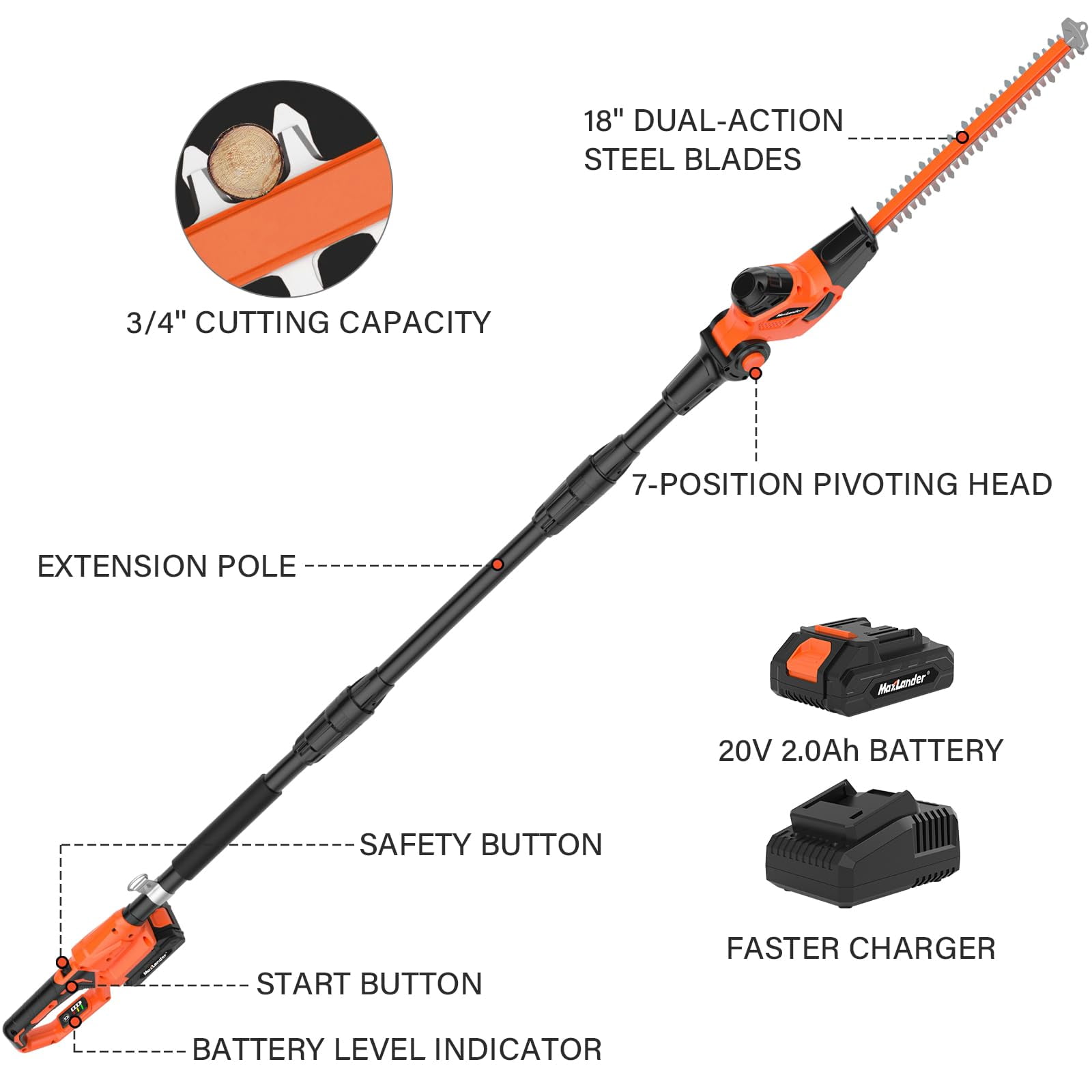 MAXLANDER Hedge Trimmer 18-Inch Cordless Pole Hedge Trimmer, 16-Feet Max Reach Hedge Trimmer with Extension Pole, Multi-angle Adjustable, 2.0Ah Battery and Charger Included