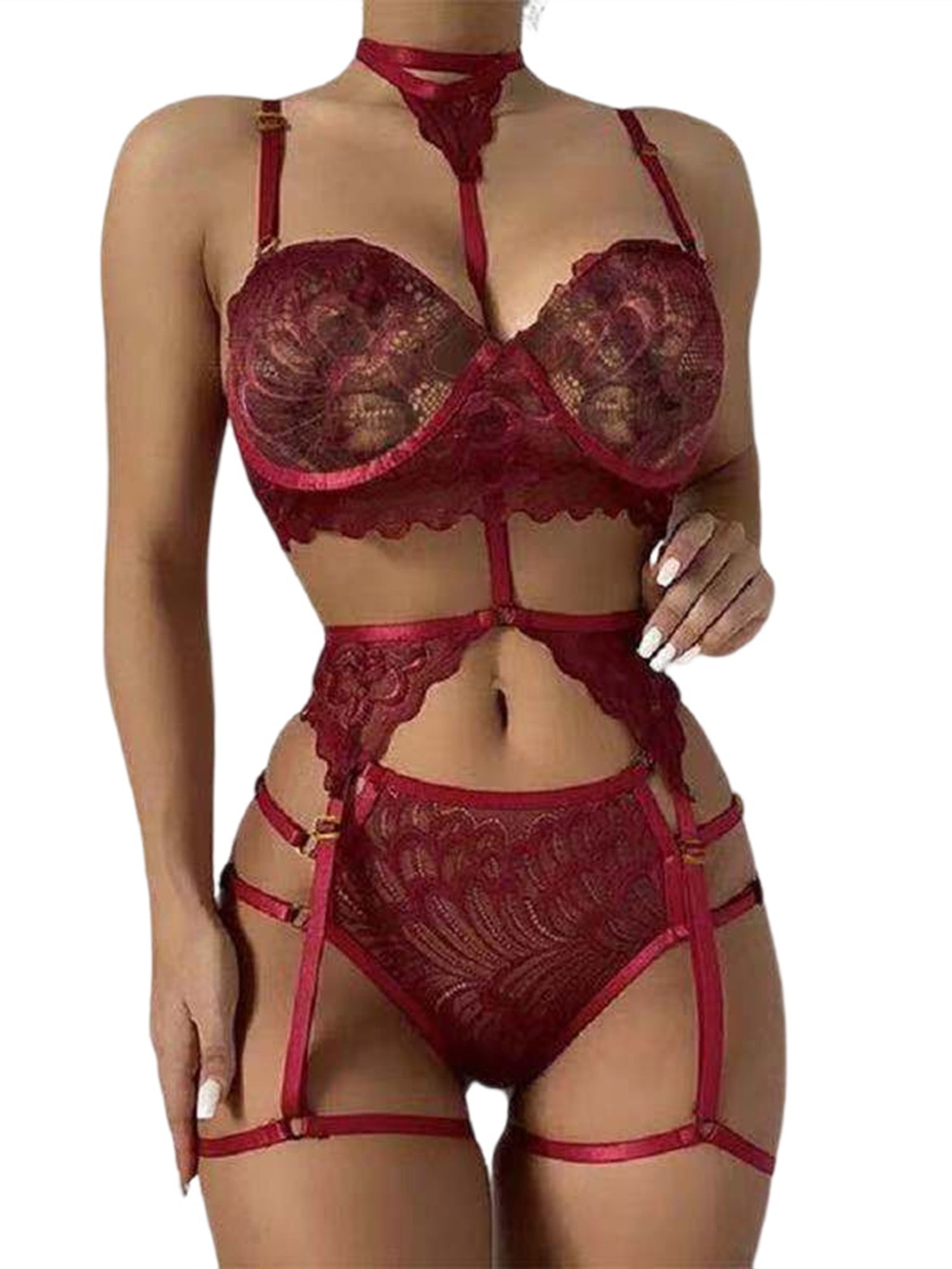 Alcea Rosea Women Sexy Lingerie with Garter Belts 3 Pieces Lace Bra and  Panties Teddy Bodysuit Babydoll Red Underwear Nightwear