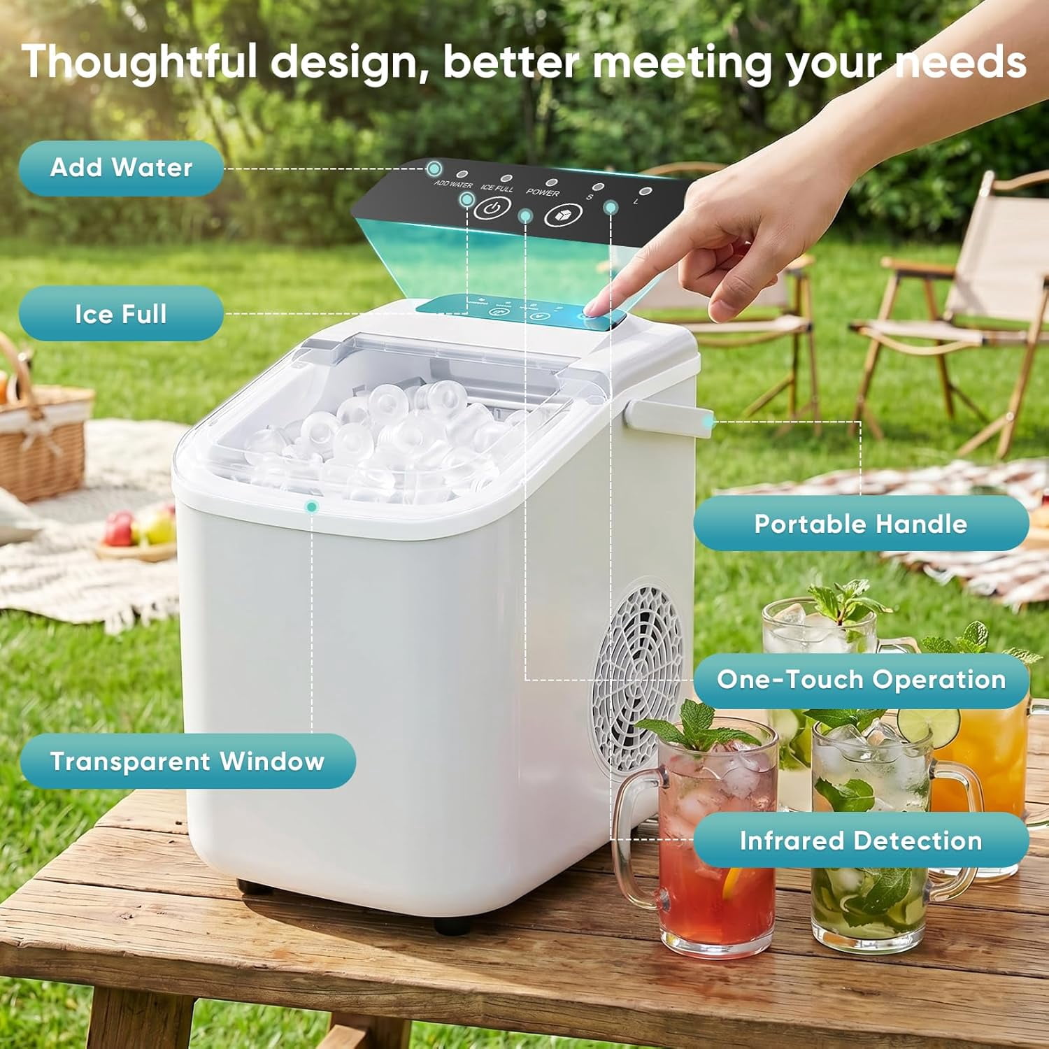 Ice Maker, Countertop Ice Machine with Handle, 9 Bullet Cubes in 6~8 Mins, 26lbs Daily, Self-Cleaning with Basket and Scoop for Home/Kitchen/Camping/RV