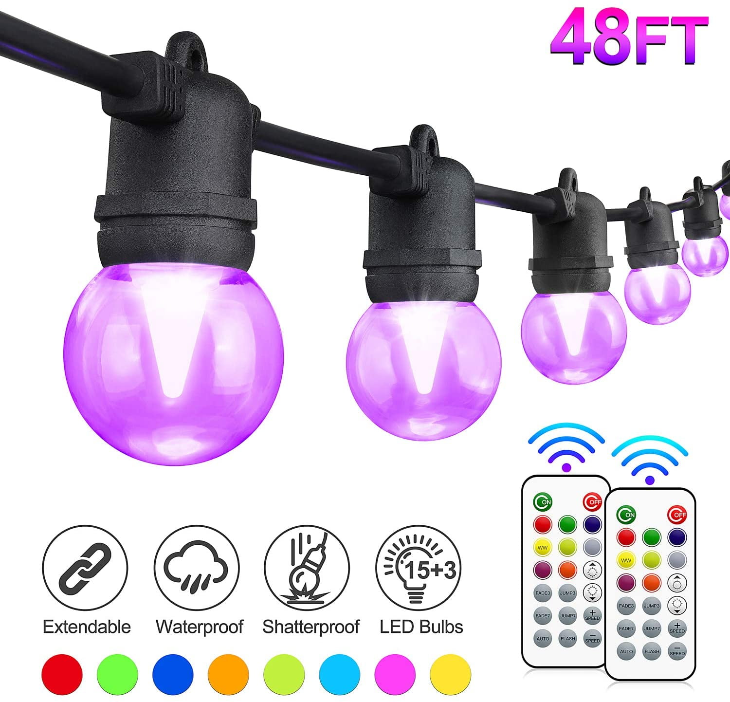 48FT Color Changing Outdoor String Light, RGB LED String ...