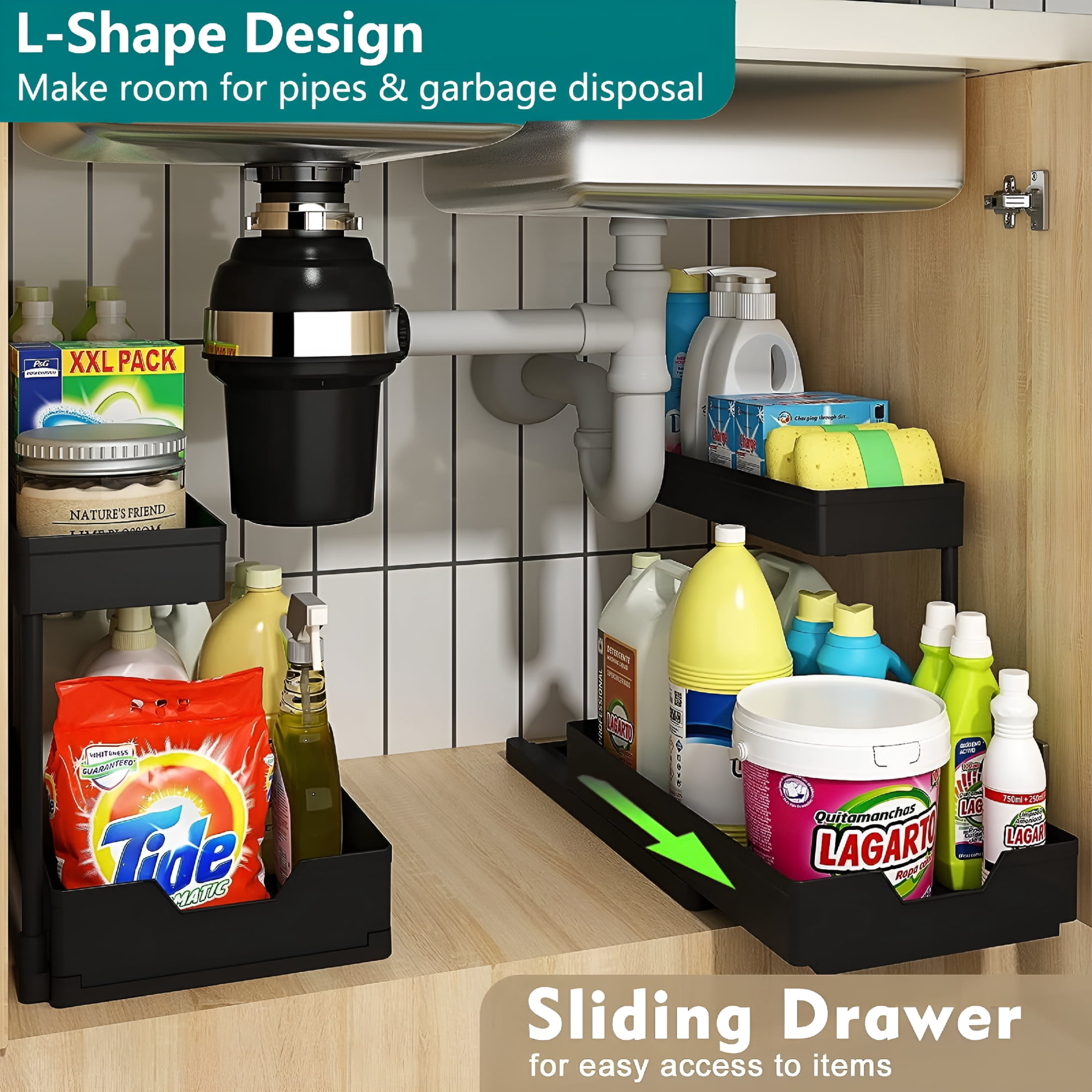 XIBUFE 2-Pack Under Sink Organizer Storage,2 Tier L-Shape Multi-Purpose Large Capacity Kitchen Under Sink Organizers for Narrow Space Easy Access Sliding Storage Drawer with Hangers for Bathroom