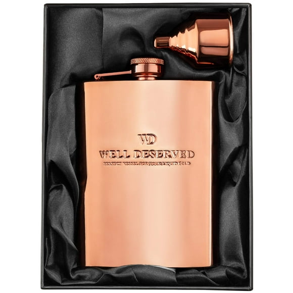 Ensemble de Flasques en Cuivre 8oz, Entonnoir, Pochette, Boîte Cadeau. Gravé Bien Mérité. Cadeaux d'Anniversaire en Cuivre 7 Ans pour Hommes, Femmes, Lui, Elle. Idées Cadeaux. Flasques Or Rose