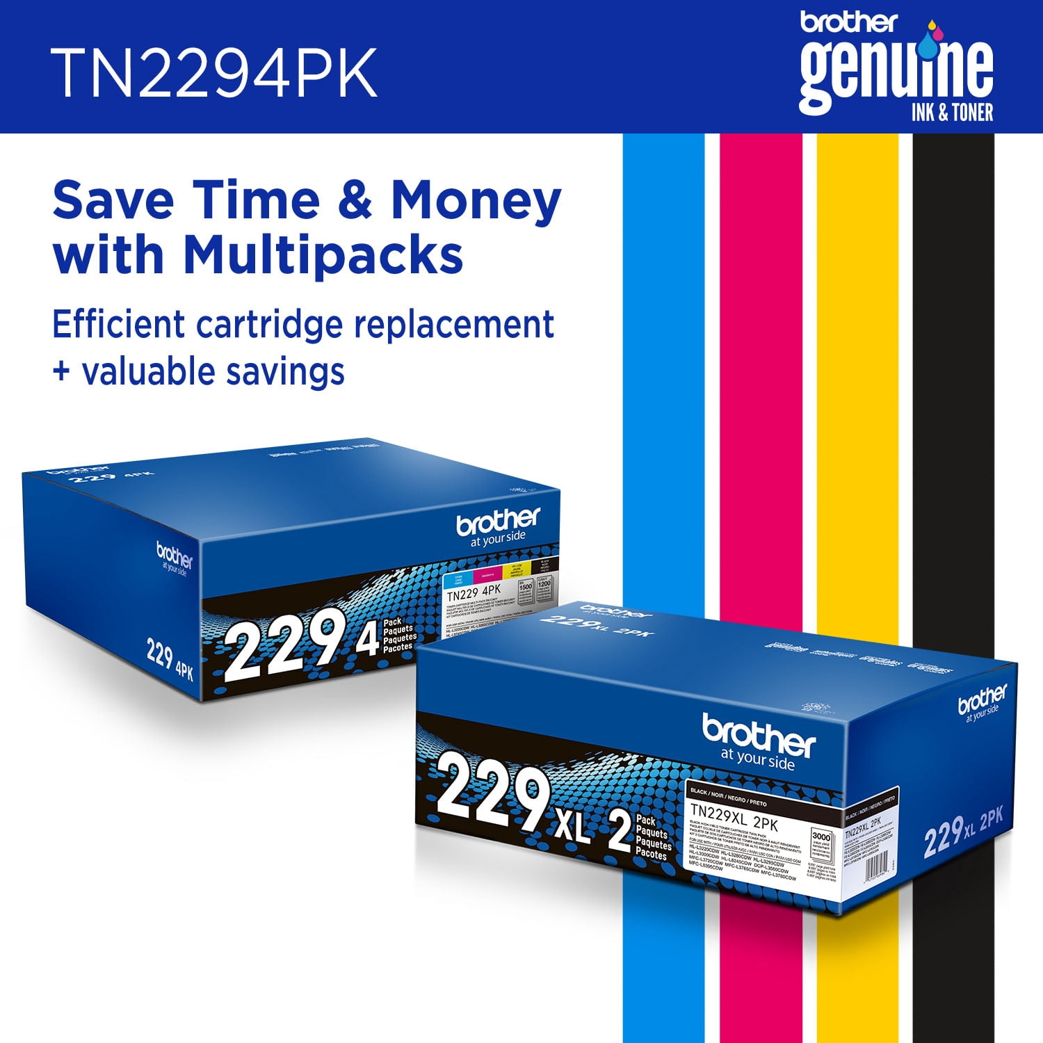 Brother Genuine TN229 4PK Standard Yield Toner Cartridge Multipack (Includes 1 cartridge each of Cyan, Magenta, Yellow, Black)