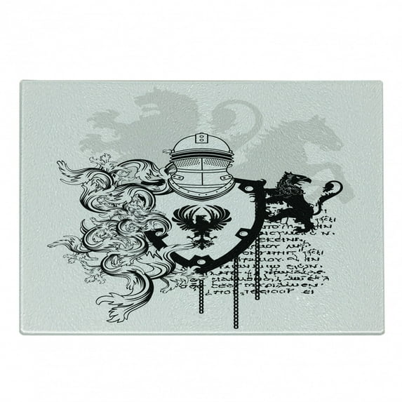 Medieval Cutting Board, Heraldic Gear Coat of Medieval Knight with Ornate Pattern the Past Old Times, Decorative Tempered Glass Cutting and Serving Board, Small Size, Black White, by Ambesonne