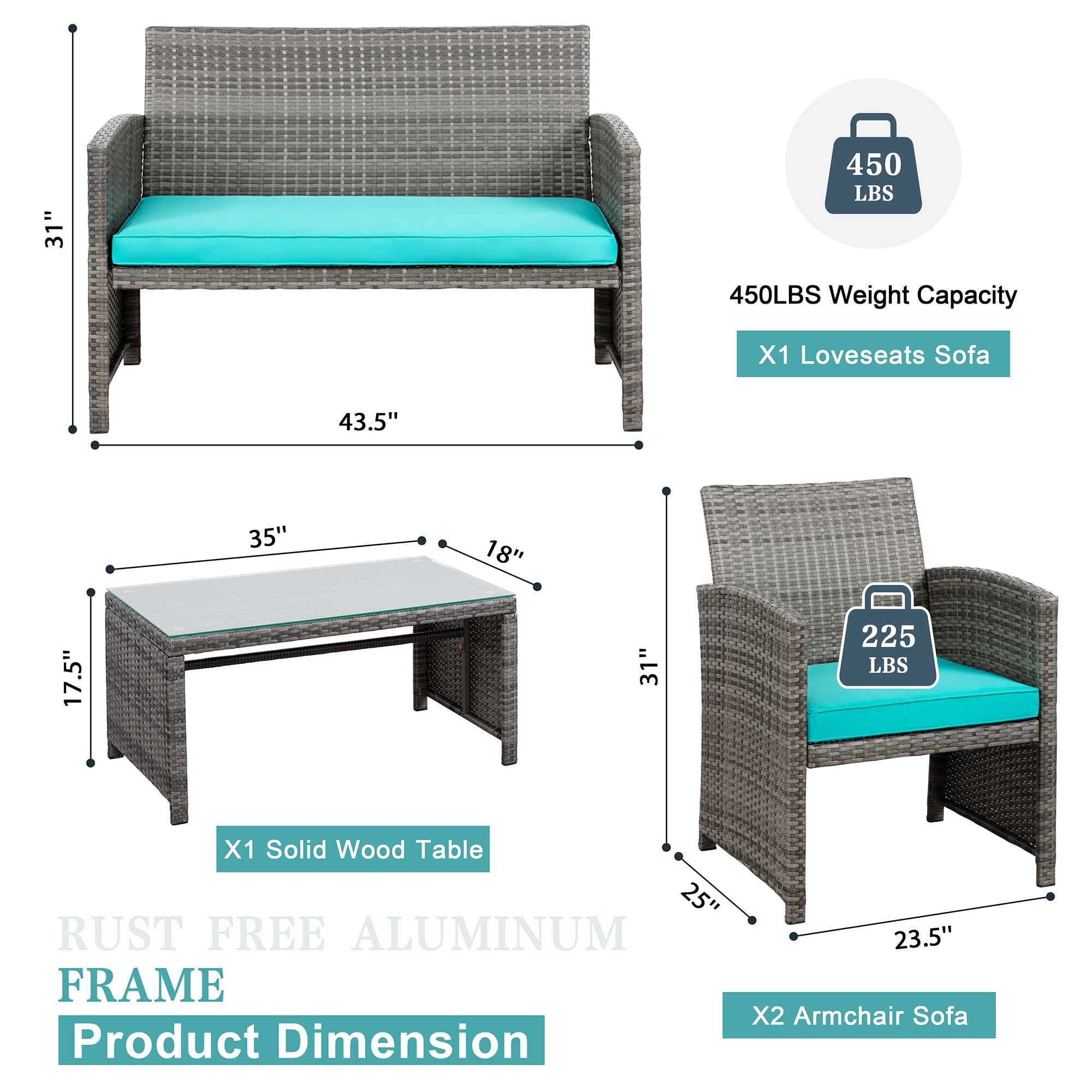 Walsunny Outdoor Patio Rattan Wicker Furniture Conversation Set 4 Piece with Cushions Tempered Glass Tabletop,Blue