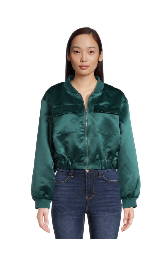 Juniors Satin Bomber Jacket, Sizes XS-3XL
