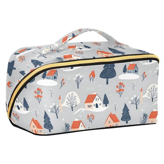 FORMRS Makeup Bag Travel Cosmetic Organizer for Women Fold Flat Zipper Pouch with Handle, Gray Cartoon Houses