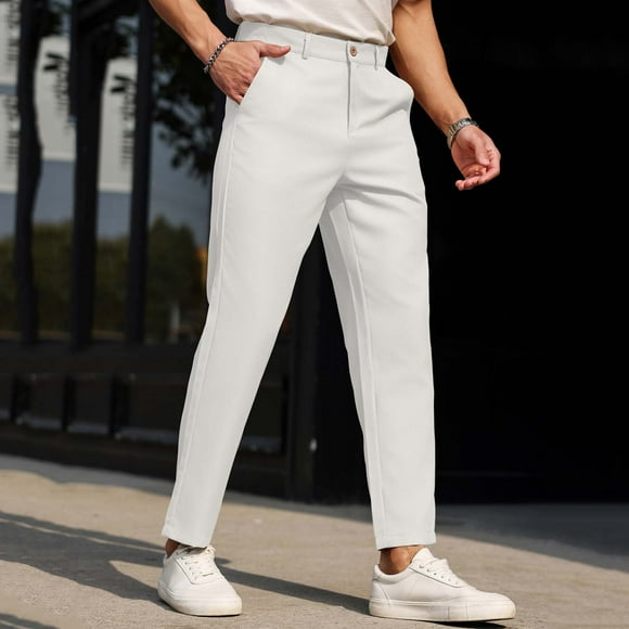 Leodye Mens Slacks Straight Fit Golf Pants Elastic Waist Dress Pants Lightweight Stretch Casual Business Work with Pockets White M(M)