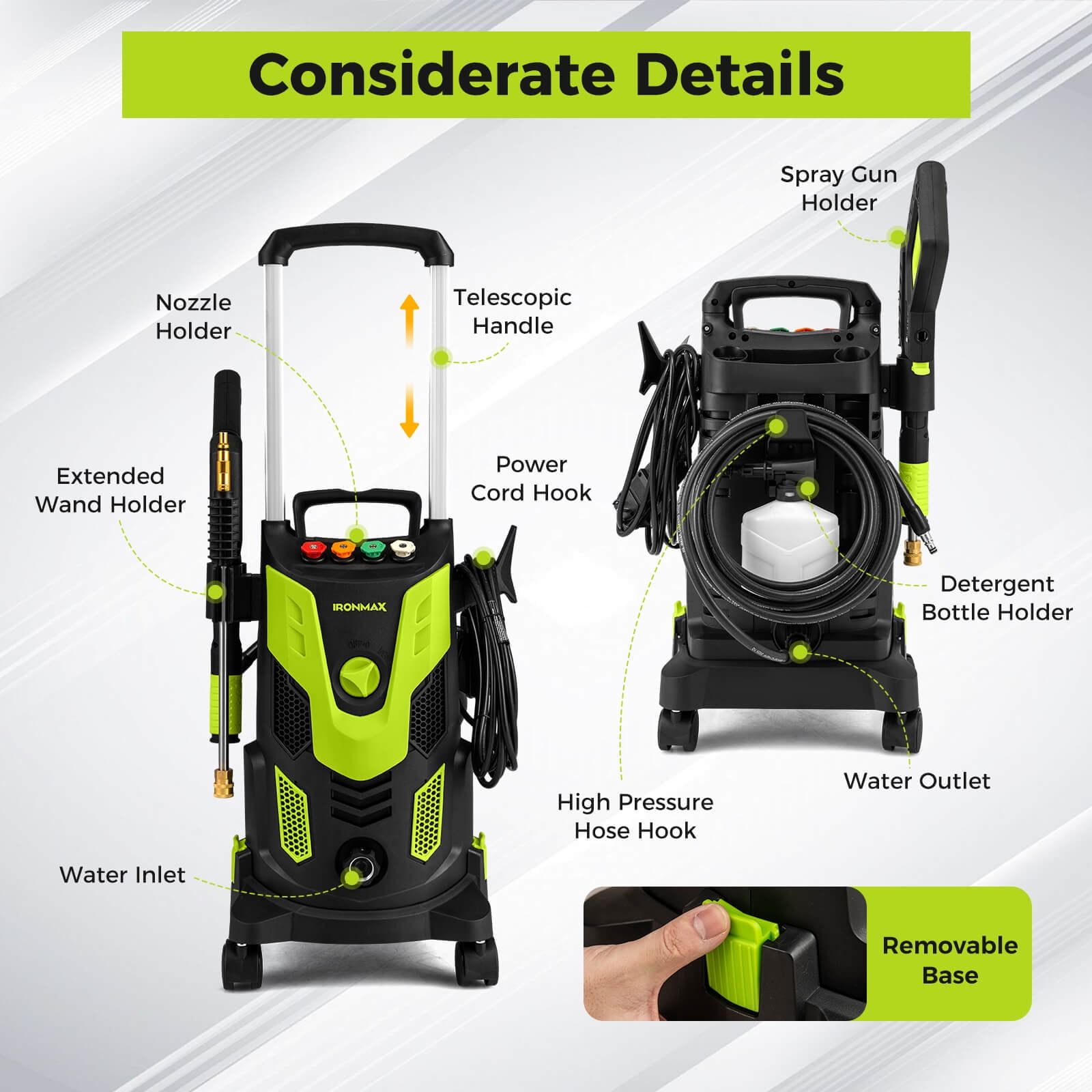 Ironmax Electric Pressure Washer with 4 Nozzles & Soap Bottle Lockable Wheels for Cleaning Green
