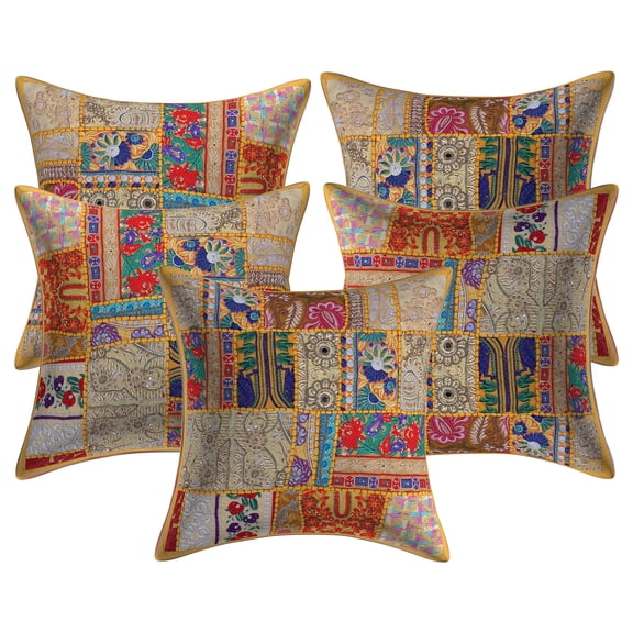 Stylo Culture Ethnic Cotton Living Room Throw Pillow Covers Mango Yellow 18 x 18 Bohemian Vintage Patchwork Ethnic Sofa Cushion Covers 45x45 cm Decorative Abstract Square Pillow Cases | Set Of 5