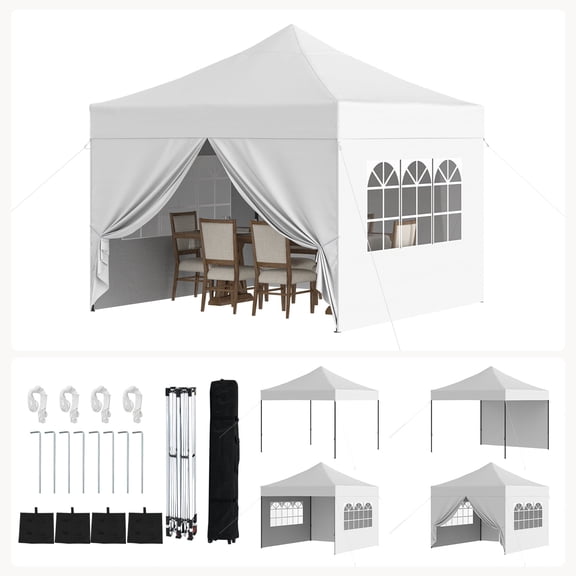 Dateyes 10x10FT Pop Up Canopy with Sidewalls, Outdoor Canopy Tent with Carry Bag, Easy Setup Portable Instant Canopy with 4 Sandbags and Stakes for Outdoor Events, Parties, Beach, Backyard, White
