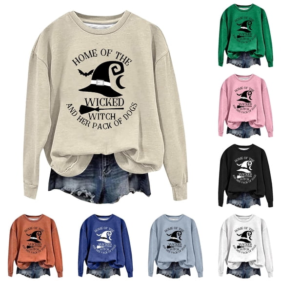 Wxolcjlv Women's Witch Graphic Print Sweatshirt Oversized Cut Pullover Shirts