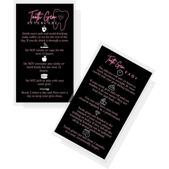 Tooth Gem Aftercare Cards  50 Pack  Size 2x3.5" inch Business Card  Tooth Gem Kit Supplies  Black with Neon Pink Design