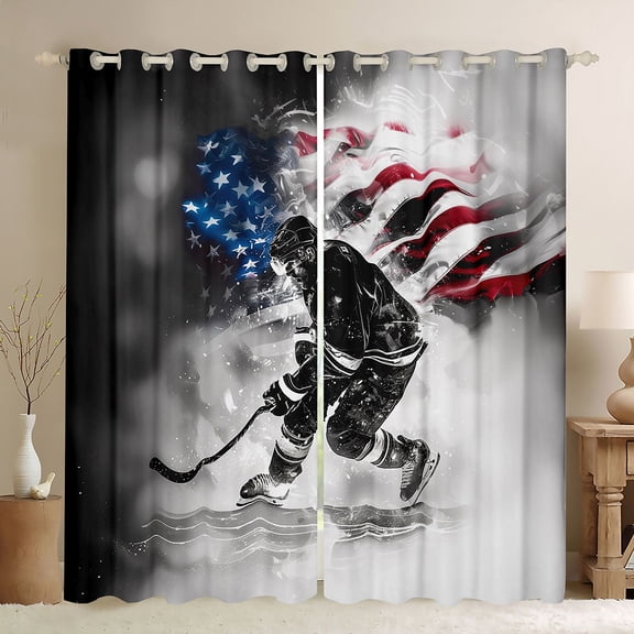 Homewish Ice Hockey Sports Black Out Curtains, Grey American Flag Curtains Pack of 2 (42x63 Each), Teens Kids Girls Boys Bedroom Curtains, Living Room Curtains Decor