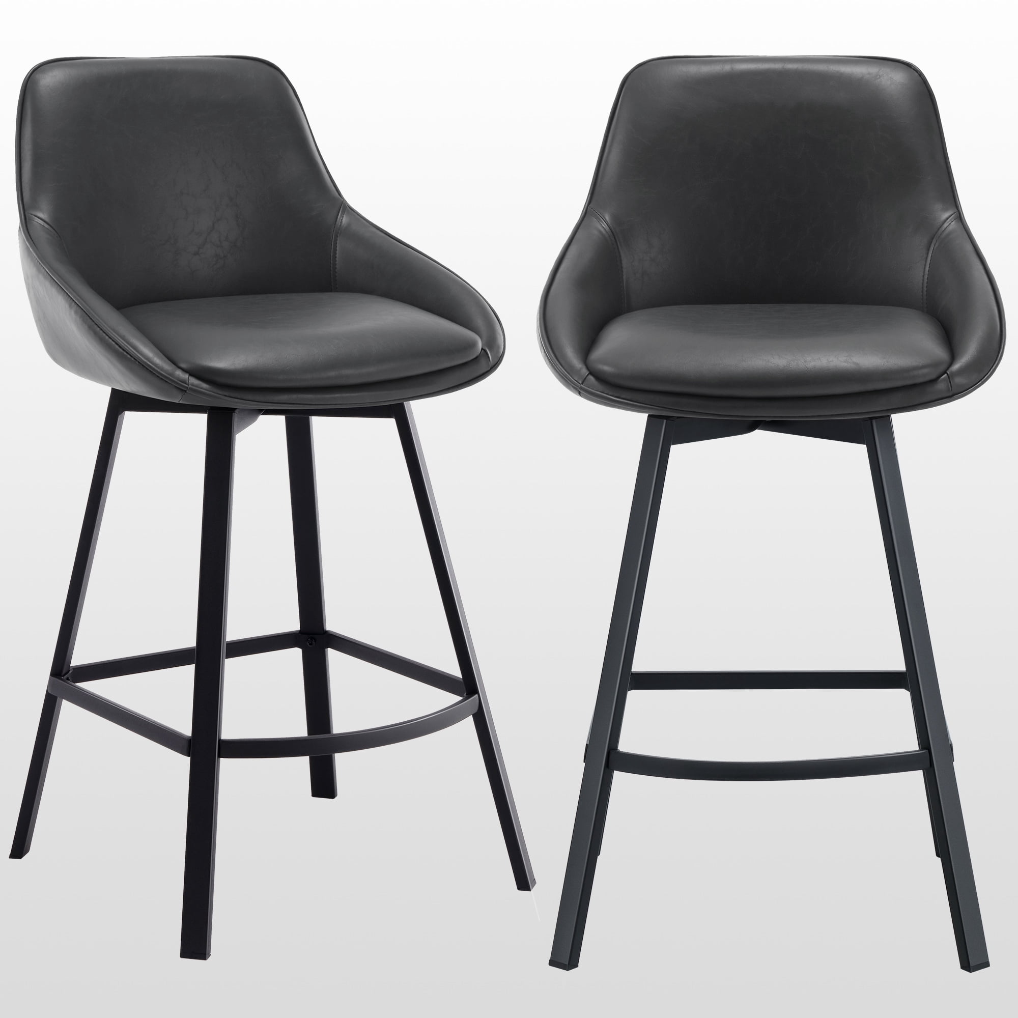 Zesthouse 25.6" Swivel Counter Height Bar Stools Set of 2, Modern Counter Height Chairs with Backs and Metal Legs, Upholstered Faux Leather Barstools for Kitchen Island, Dark Gray