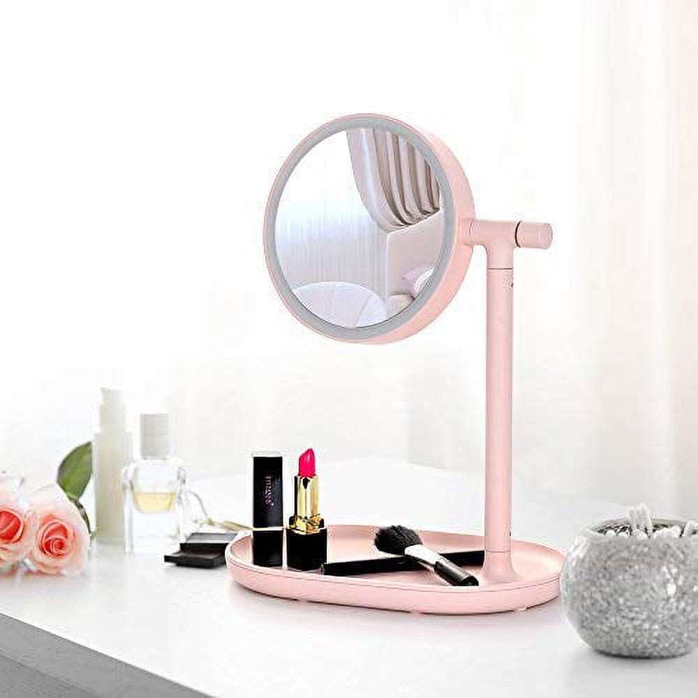 ABQ Lighted Makeup Mirror with Cosmetic Organizer Tray, LED Light Makeup Vanity for Desk or Tabletop – Pink