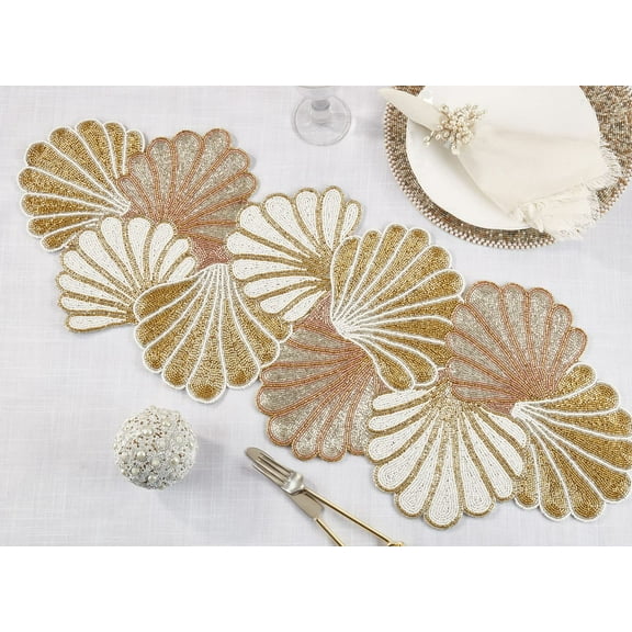 Fennco Styles Hand Beaded Elegant Sea Shell Table Runner 13" W x 36" L - Gold Coastal Table Cover for Home Décor, Holidays, Family Gatherings, Banquets and Special Occasion