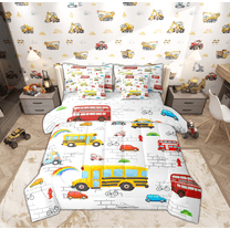 Feelyou Cartoon School Bus Bedding Comforter Set 7-Piece, Transportation Vehicle King Bedding Sets, Yellow Public Truck Bed Sheets, Ultra Soft Home Decor