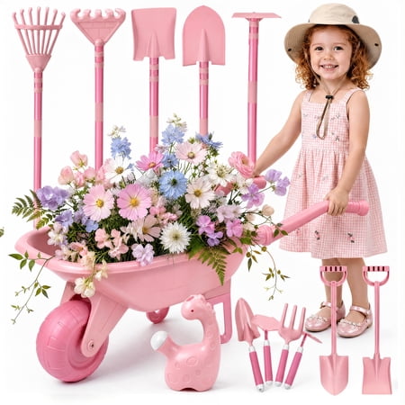 SaveJoy Kids Gardening Tools Set Pink Toddler Garden Outdoor Toys Kids Wheelbarrow with Watering Can Shovel Rake Hoe Outdoor Toys for Kids Age 4-8,Pink