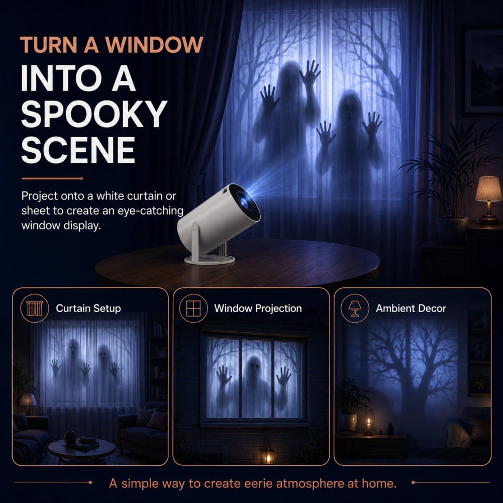 Panefright Halloween Window Projector, Integrated 4K‑Compatible Audio Speaker, 180‑Degree Pivot‑Adjustable Structure,Atmosphere Display, Perfect for Eerie Home Decoration and Holiday‑Focused Parties