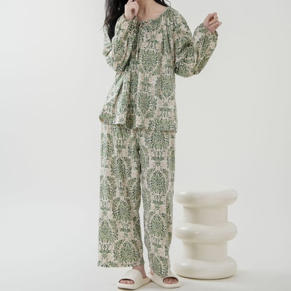 YHAJDS Plus Size Pajama Set for Women Pullover Round Neck Graphic Print Top Lounge Wear Home Outfit