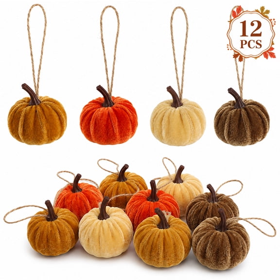 Fall Artificial Pumpkins Mini Velvet Pumpkins Hanging Ornament Centerpiece Decor for Harvest Thanksgiving Halloween Decoration, 2.36'' 12 PCS