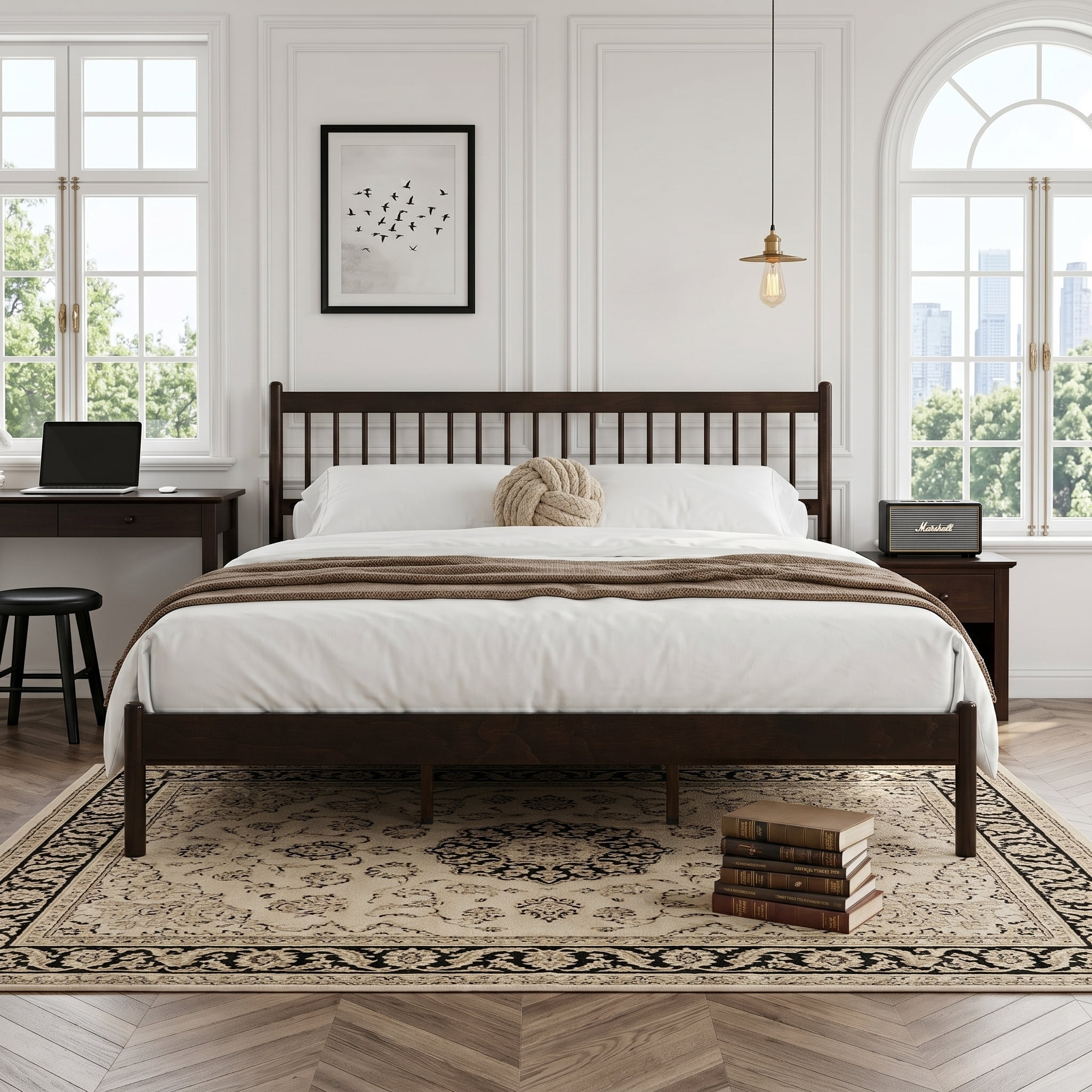 Mintazer Traditional King Size Platform Bed with Headboard and Footboard, Vintage Headboard Bed Frame for Bedroom, Brown