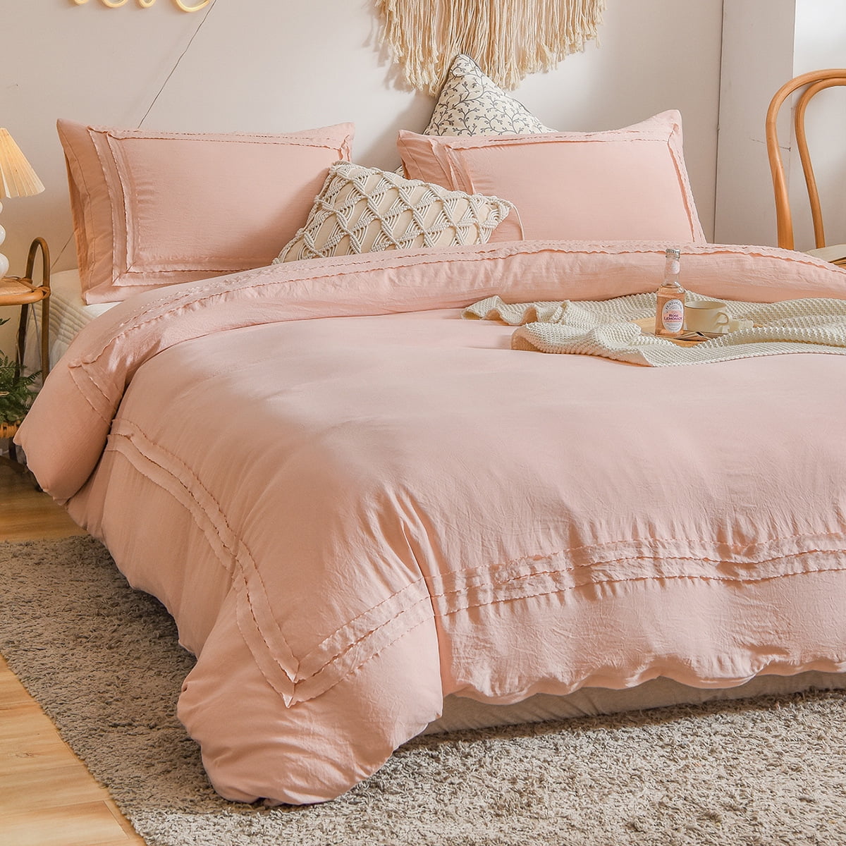 Pink Bedding Twin Farmhouse Duvet Cover Boho Chic Bedding Solid Color 100 Washed Microfiber