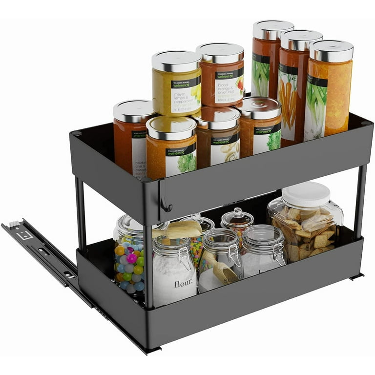 Pull Out Spice Rack Organizer for Cabinet, 2 Tier Slide Out Cabinet  Organizer 15 3/4L x 9 1/2W x 11H Black Sliding Spice Rack Upper Cabinet  for Storage Spices, Sauces, Cans 