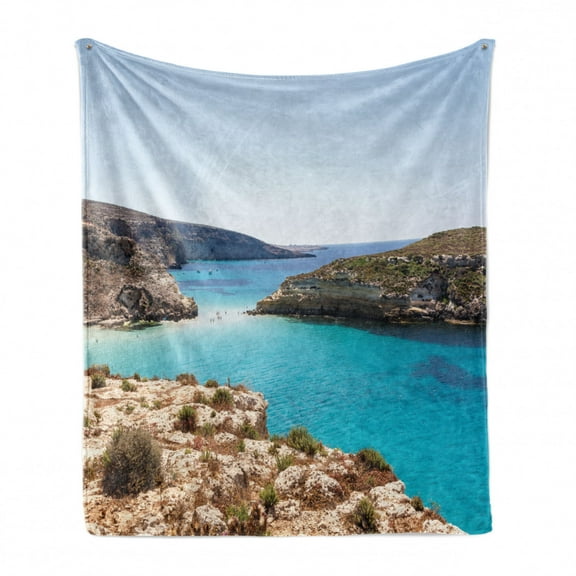 Sicily Soft Flannel Fleece Throw Blanket, Pure Water Lampedusa Island Summer DayTourism Travel Italy Cruise Coast, Cozy Plush for Indoor and Outdoor Use, 50" x 70", Multicolor, by Ambesonne