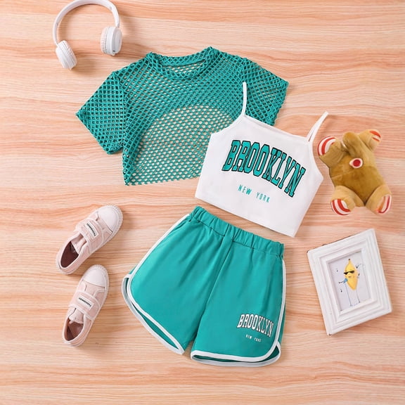 LPKRT Girls 3 Piece Outfits Set Mesh Crop Top Cami And Running Shorts Sets Fashionable Casual Clothing Sets Green 11-12 Years