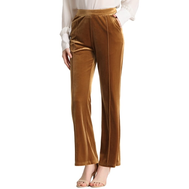 Pantalones de Terciopelo Allegra K de Cintura Alta Para Mujer Marrón L