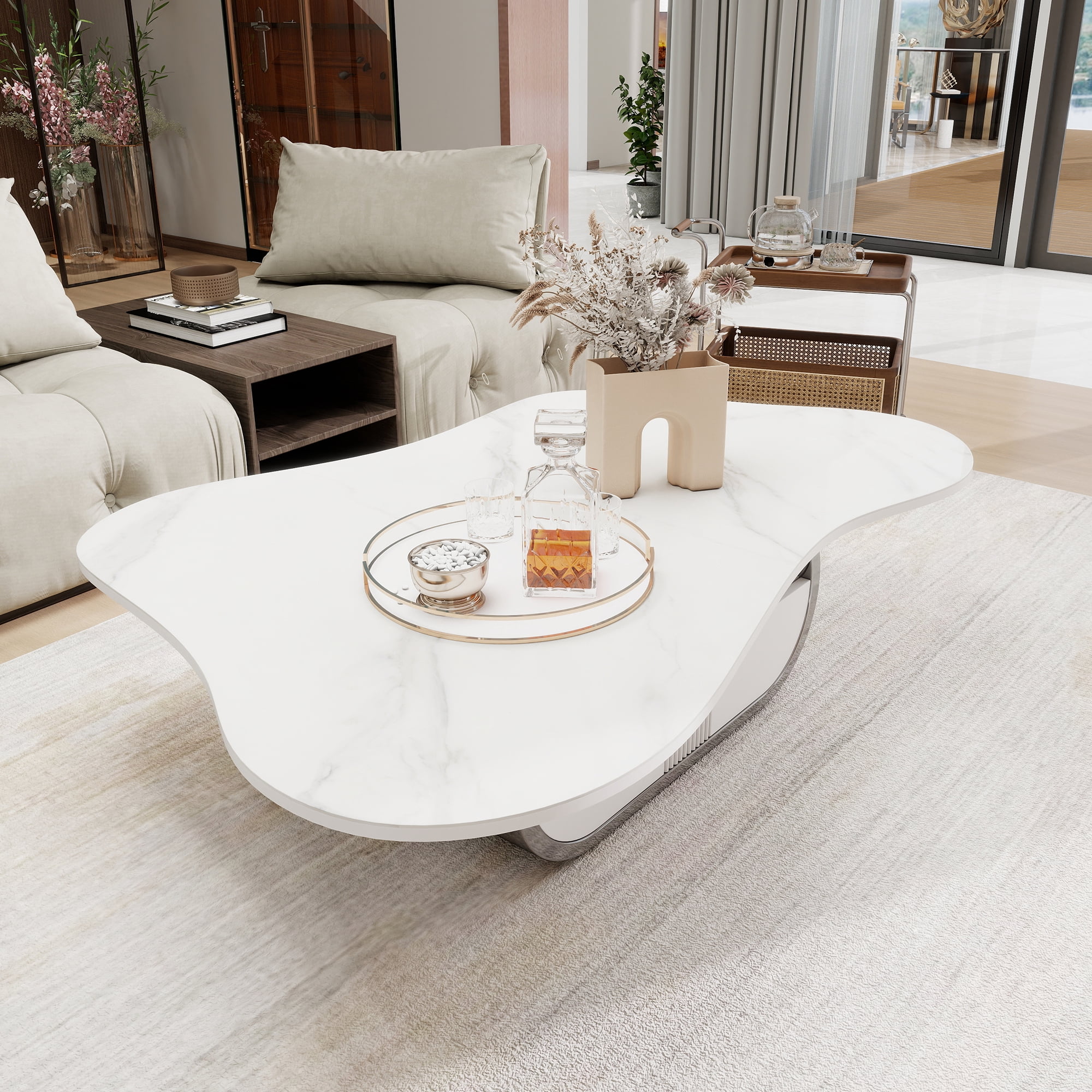 HIUU Cloud Coffee Table with Sintered Stone Top,White Marble Coffee Table with Storage Shelf & Drawer, Stainless Steel Base(Grey+White)