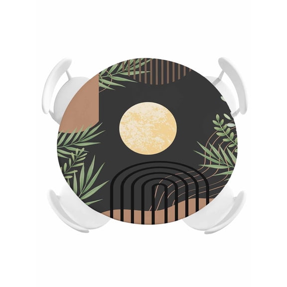Round Fitted Tablecloth,Boho Leaf Arch Moon Circle Table Cover Waterproof Table Cloth with Elastic Edge,Mid Century Vintage Brown Outdoor Tablecloths for Kitchen Picnic 36-44in
