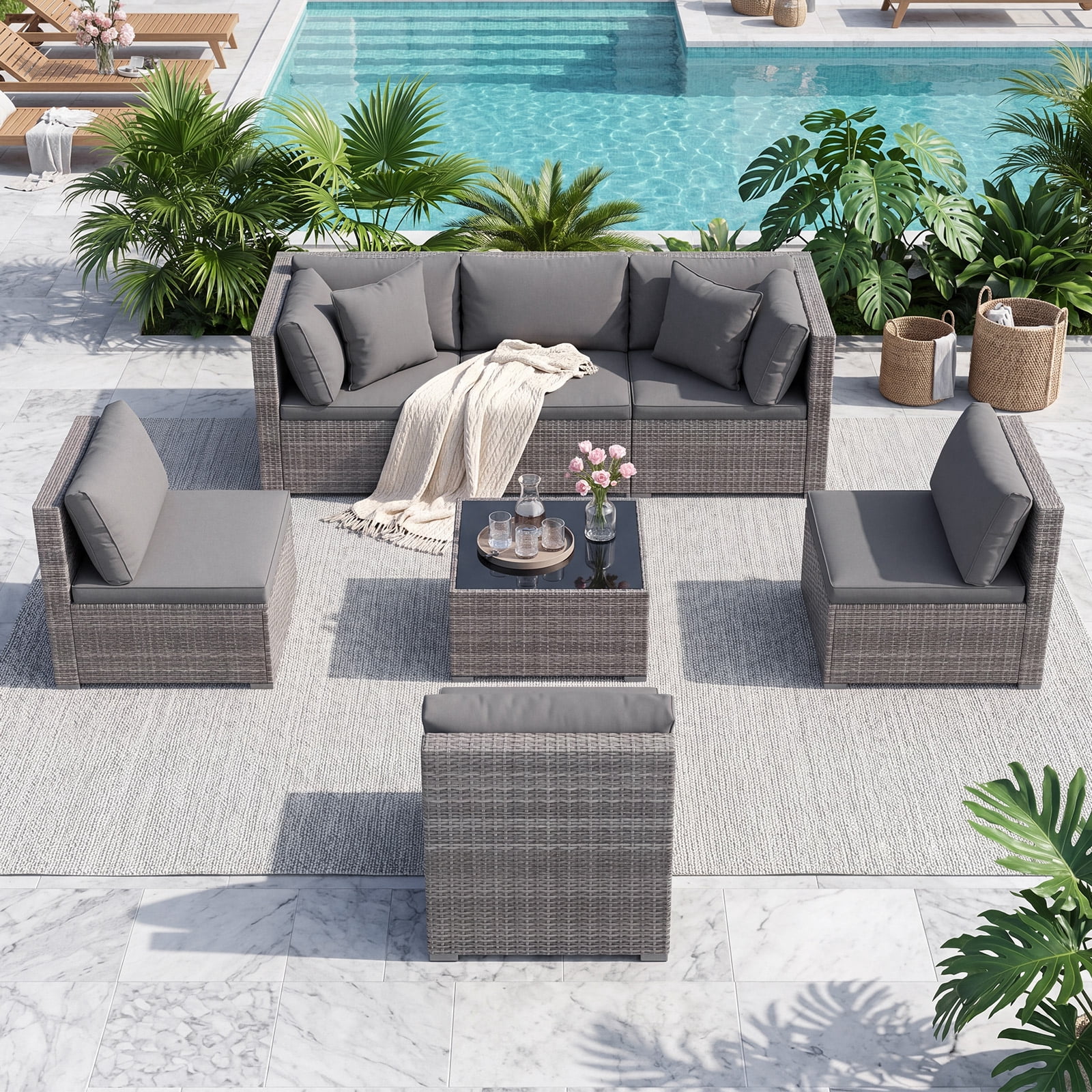 Costway 7PCS Patio Rattan Furniture Set Sectional Sofa Cushioned Garden Gray