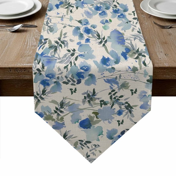 Vintage Blue Flower Table Runner Linen Burlap Table Runner 72 Inches Long Farmhouse Botanical Floral Retro Dresser Scarves for Kitchen Island Coffee Dining Room Party Holiday Decoration 14"x72"