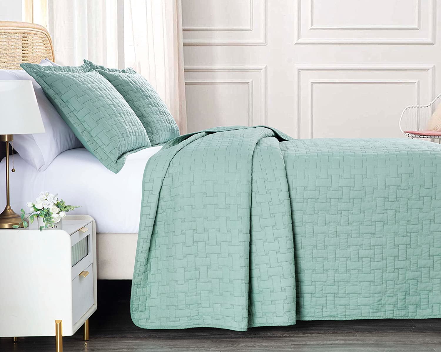 Chezmoi Collection Vert 3-Piece 100% Cotton Quilt Set Queen Size, Aqua, Modern Basketweave Stitched Quilt Lightweight Washed Cotton Bedspread for All Season