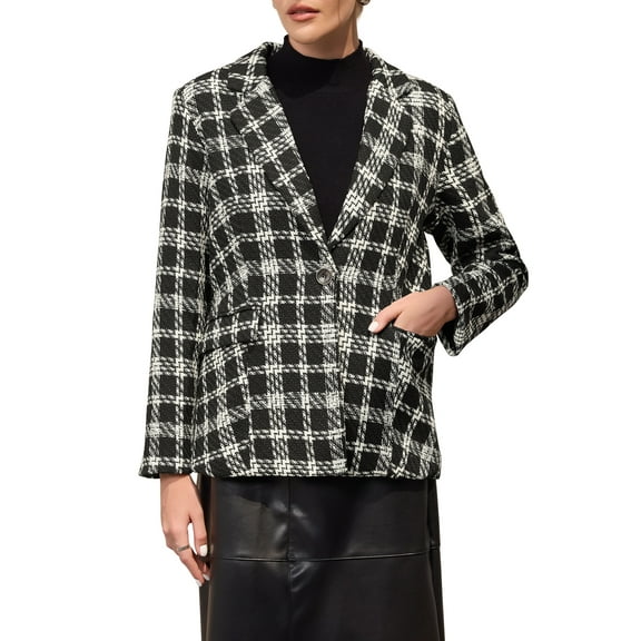 Women's Plaid Tweed Blazers Notched Lapel 2025 Business Casual One Button Suit Jackets S Black